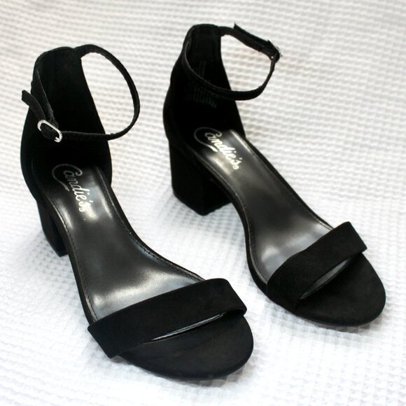 Candie's Black Faux Suede Block Heel Adjustable Ankle Strap 2 Inch Heels Shoes 6 - Picture 2 of 11
